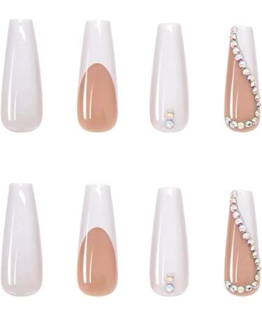 White French Fake Nails with Rhinestones and Sequins | Long Stick on False Nails Art Kit - Buy Online on GoSupps.com