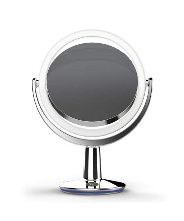 BIOMAX SuperGlow 9 Round Shaped Dual-Sided Lighted Makeup Mirror  1X/5X Magnifying Vanity Mirror  Brightness 1000Lux  360 Degree Rotating Adjustable Brightness Mirror  Brushed Nickel Finish