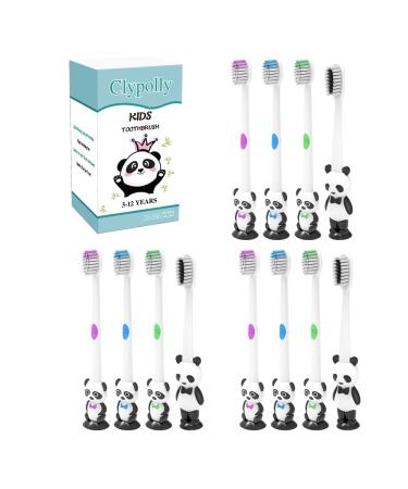 Clypolly Panda Kids Toothbrush Child Sized Brush Heads Soft Bristle with Animal Suction Cup Fun & Easy Storage for Toddlers Girls and Boys 3-12 Years Pack of 12
