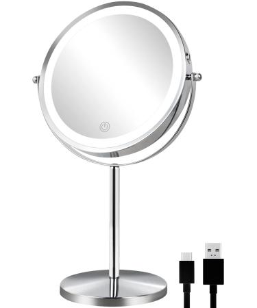 ALHAKIN Rechargeable Lighted Makeup Mirror  1X/10X Magnifying Mirror with Light  8 Inch Dimmable Makeup Mirror with 3 Color Lights  Double Sided Cosmetic Light up Mirror with Magnification  Chrome