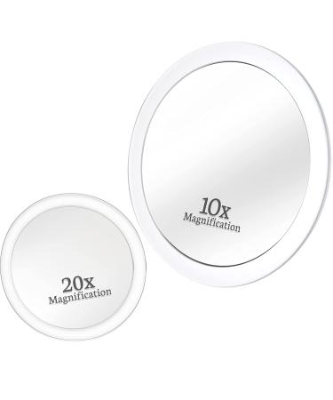 20X & 10X Magnifying Mirror Set Combo with 3 Suction Cups Each - Compact & Travel Ready - 6-Inch and 4-Inch Wide 20X and 10X Magnification