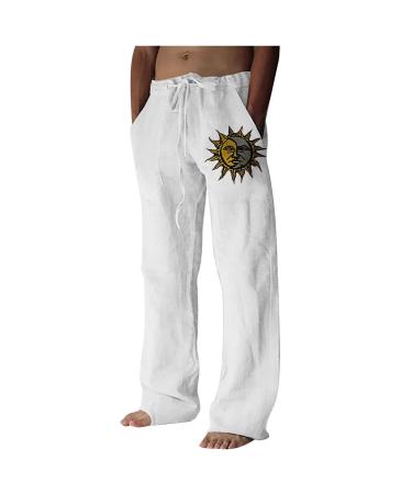 Men's Fashion Lounge Cotton Linen Work Trousers Relaxed Fit Drawstring Y2K Pattern Straight Cargo Pants with Pockets Small 03white