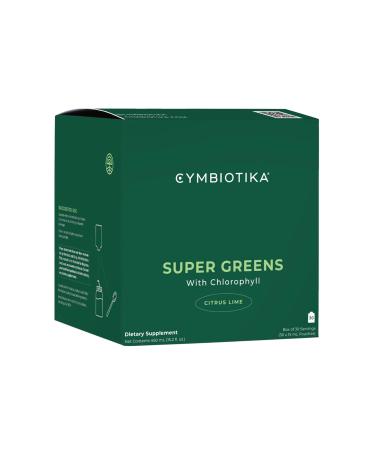 CYMBIOTIKA Super Greens Supplement with Chlorophyll, Spirulina, Daily Vegan Superfood Packets for Digestive Gut Health, Energy and Immune Support, Citrus Lime Flavor, 15 mL Pouches, 30 Pack