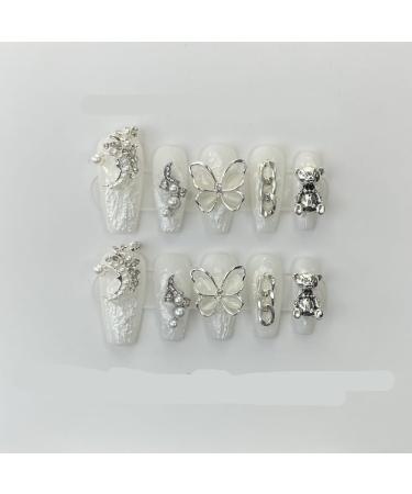 Butterfly Retro Nail Art Handcrafted Wearable Nail Patches Detachable Fake Nails(Long white M)