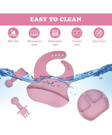 Vicloon Silicone Baby Feeding Set | 4Pcs Weaning Set | Suction Plate, Bib, Spoon & Fork | BPA Free | Toddlers & Kids Divided Plate | Gift - Pink - Buy Online on GoSupps.com