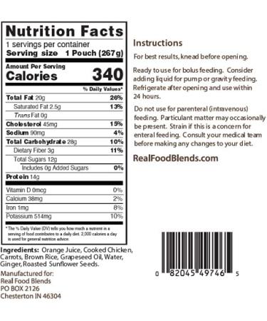 Real Food Blends Orange Chicken Carrots & Brown Rice 9.4 oz Pureed Meal for Feeding Tubes - Pack of 12 Pouches - Buy Online on GoSupps.com