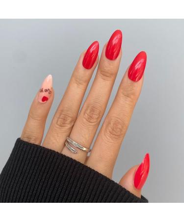 24Pcs/Set Press On Nails Long Red Love Sweet Nail Patch False Nails Acrylic Fake Nails Full Cover Nails Tips Artificial Finger Manicure Press on nails for Women and Girls