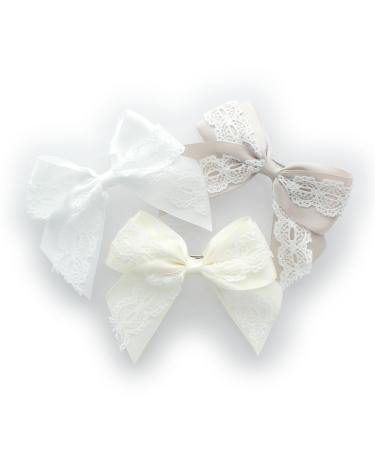 My Lello Medium 4 Girls Hair-Bow Barrette Satin & Lace Mixed Variety 3 Pack White/Taupe/Ivory