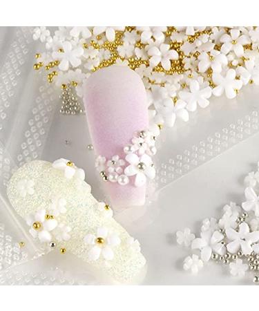 3D Flower Caviar Beads Nail Art Decals - White Pink Acrylic Charms with Pearl Beads for DIY Manicures - Buy Online on GoSupps.com