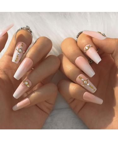 Sethexy Long Sparkle Ballerina False Nails - Crystal Nude Pink Coffin Acrylic Tips for Women & Girls - 24 pcs - Buy Online on GoSupps.com
