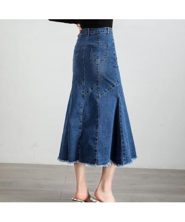 Blue Frayed Hem Patchworked Mermaid Denim Skirt - Spring Irregular Bodycon Long Skirt Size 28 (S) - Buy Online on GoSupps.com