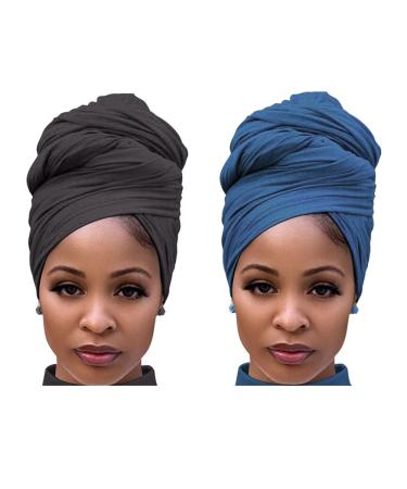 Harewom Head Wraps for Black Women Stretchy Head Scarf African Hair Wraps for Dreads Locs Natural Hair Turban Headwraps Jersey Tie Headbands(Denime Blue and Grey) 2pcs-steel Blue and Dark Gray