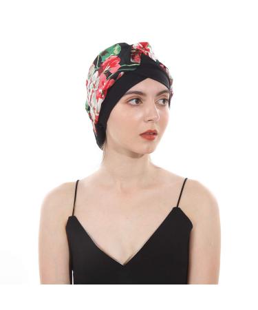 DuoZan Women s Soft Silky Satin Turban Elastic Wide Band Satin Bonnet Night Sleep Hat Hair Loss Cap Black Flower