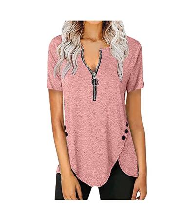 Ganfancp Women's Tunic Top Spring Breathable Crewneck Short Sleeve Irregular Tshirt Solid Color Button Loose Pullover Blouse Pink-lwx76 X-Large