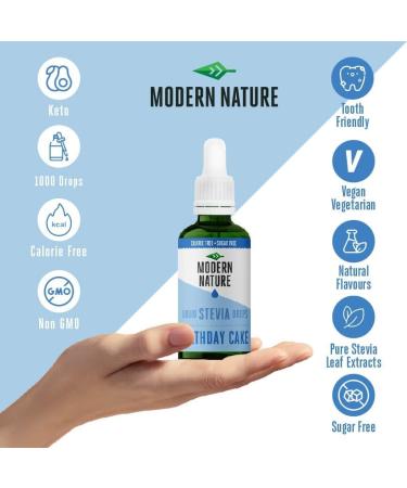 Modern Nature Birthday Cake Flavour Drops - Liquid Stevia Drops Sweetner - Zero Calorie Sugar Free Coffee Syrup Alternative - Flavoured Coffee Protein Powder Yoghurt Tea Vegan Keto Sweetener 50ml - Buy Online on GoSupps.com
