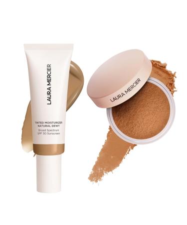 Laura Mercier Tinted Moisturizer Natural Dewy with SPF 30 24HR+ Hydration Shade 5C Cedar and Translucent Loose Talc-Free Setting Powder Ultra-Blur: Hyaluronic Acid Infused Shade Medium Deep Bundle