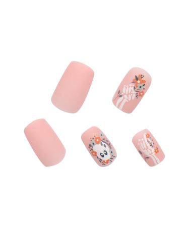 Halloween Press on Nails - Cute Floral & Ghost Skeleton Designs | Short Medium Square Full Cover Acrylic Nails for Women & Girls | 24Pcs Halloween Collection - Buy Online on GoSupps.com