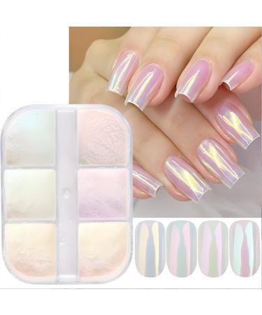 Chrome Nail Powder 6 Colors Mirror Laser Aurora Nail Powder  Chameleon Powder Chrome Iridescent Pigment Pearly Highlight Nail Glitter with 2 Eyeshadow Sticks -Cat Eyes
