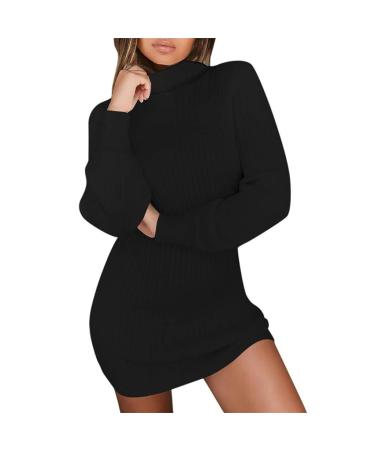 Forthery-Women Plus Size Sweater Dress Casual Pullover Long Sleeve Jumper Turtleneck Sweatshirt Dress Black XX-Large