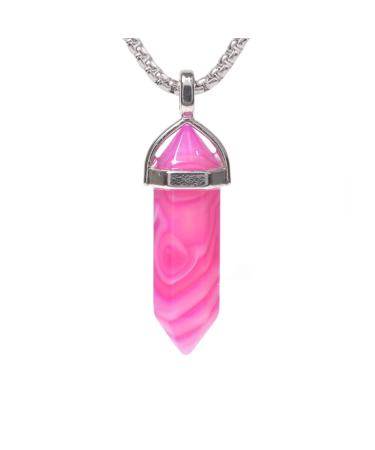 Dyed Pink Brazilian Agate Gemstone Hexagonal Pointed Reiki Chakra Chain Necklace 20" High-Grade Iron Gift Box