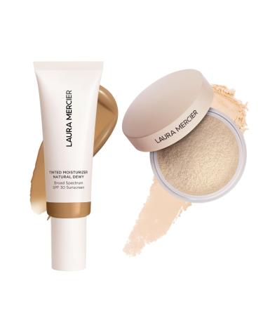 Laura Mercier Tinted Moisturizer Natural Dewy with SPF 30 24HR+ Hydration Shade 4N Teak and Translucent Loose Talc-Free Setting Powder Ultra-Blur: Hyaluronic Acid Infused Shade Translucent Bundle