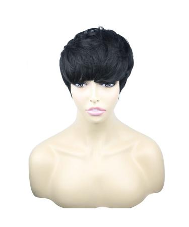 Short Hair Pixie Cut Wig with Bangs - Natural Black Women's Wig | Straight Layered Wavy Synthetic Full Machine Wig (1B# Black) - Buy Online on GoSupps.com