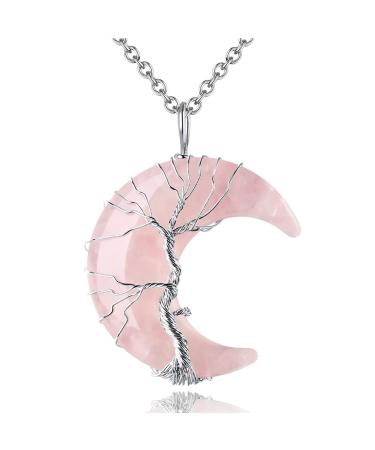XIANNVXI Crystal Necklaces for Women Crescent Moon Necklace Healing Crystals Pendant Tree of Life Wire Wrapped Reiki Spiritual Necklace Jewellery for Women I - Rose Quartz