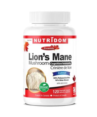 Nutridom Lion's Mane Mushroom Supplement 500mg Standardized to 30% Polysaccharides & 10% Beta-Glucan Supports Cognition & Immunity Non-GMO Vegan Gluten-free Soy & Dairy free (120 Veggie Capsules)