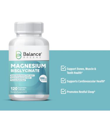 Balance Breens Magnesium Bisglycinate 200mg - 120 Vegan Capsules for Heart Health, Muscle Cramps, Bone Health & Mood - Non-GMO, Gluten Free - Buy Online on GoSupps.com