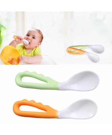 EROSPA Baby Porridge Spoon Learning Spoon - Curved Handle - Learning to Eat - 2 Pieces - Green/Orange