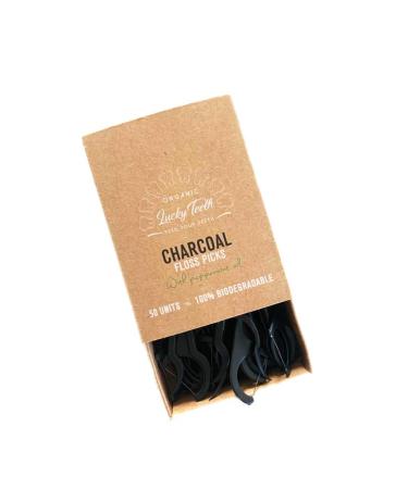 Improved -Biodegradable Activated Charcoal Floss Picks with Organic Peppermint Oil Plastic Free. Zero Waste - 50 Unit