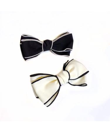 Rugelyss 2 PCS Big Hand-made Grosgrain Ribbon Solid Color Black and White Hair Bows Spring Clip Hair Accessories for Girls or Women white black