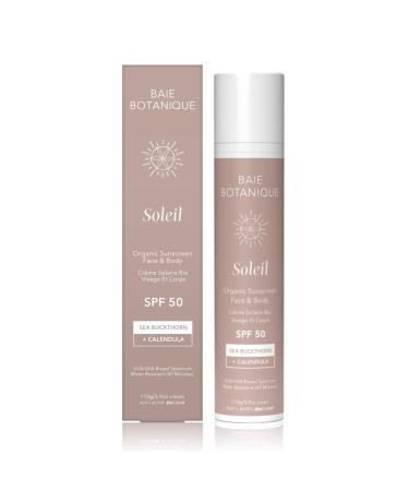 Baie Botanique Soleil - Organic Mineral Non Toxic Sunscreen for Face and Body SPF 50 - Sea Buckthorn & Calendula - Natural - Vegan - No White Cast - Chemical Filter Free - Reef Safe - UVA/UVB - 110g 110 g (Pack of 1) Face & Body Sunscreen - Buy Online on GoSupps.com