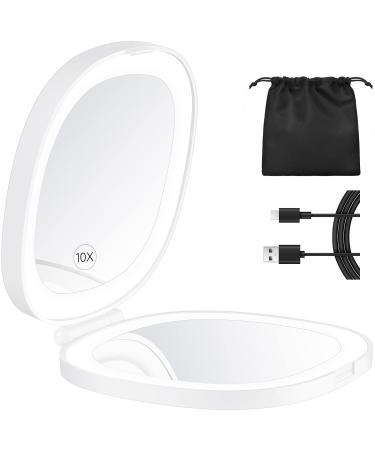KEDSUM Lighted Compact Mirror  1X/10X Magnifying Mirror  Travel Makeup Mirror with Rechargeable LED Lights  Dimmable Double Sided Folding Mirror  Portable  Daylight  USB Charging (White)