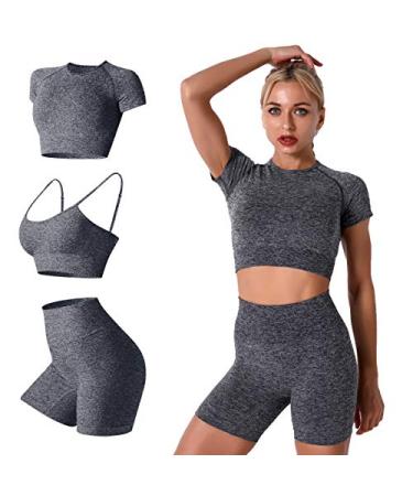 Women Seamless Yoga Outfits 2 Piece Workout Short Sleeve Crop Top with High Waisted Running Shorts Sets Activewear 3pcs-gray Large