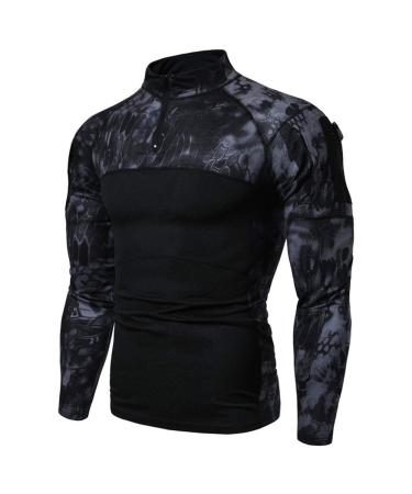 Men 1/4 zipper Tactical long -sleeved shirt military style combat shirt with bags airsoft top outdoor clothing for hunting camping m black camo python