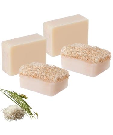 Organic Rice Bran Soap with Natural Loofah - 110g - Exfoliating & Brightening Body Scrub for Glowing Skin - Handmade Vegan Soap for Dark Spots - All Skin Types - PACK OF 2
