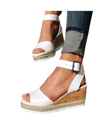 Rvidbe Sandals for Women Wedge, Women's Dressy Low Wedges Peep Toe Beach Sandals Shoes Summer Casual Zipper Platform Sandals Z4-white 8