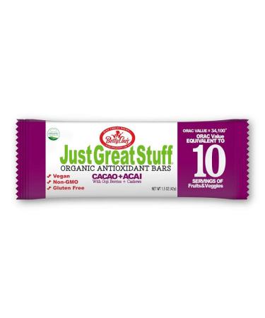 Just Great Stuff Organic Protein Bars | Delicious Superfood Bars w/ Cacao Nibs & Berries | Gluten Free, Vegan, Non GMO | Organic Snacks for Kids & Adults | Individually Wrapped | Cacao Acai (12 Pack)