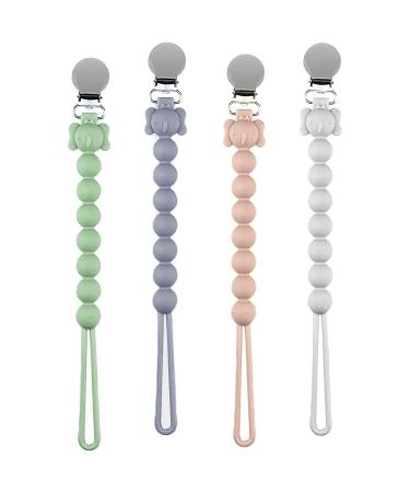 Baby Silicone Pacifier Clip Holder Soft Durable Baby Pacifier Clip Chain 4 Pack Silicone Pacifier Clip Suitable for All Pacifiers and Teething Toys (White Grey Green Off-White)