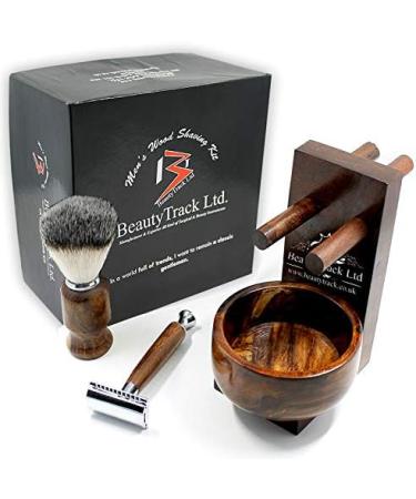 BeautyTrack Vintage Wood Shaving Kit for Men - Safety Razor, Badger Hair Brush, Soap Bowl - Great Gift Idea for Christmas - Buy Online on GoSupps.com