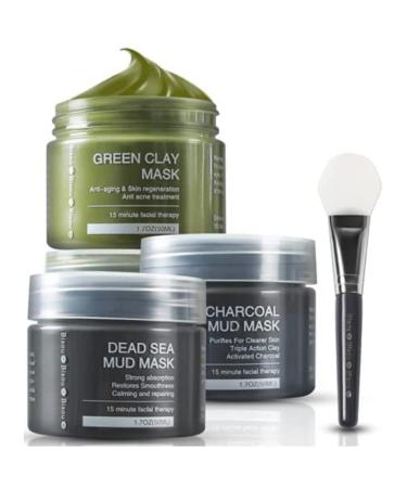 Clay Dead Sea Mud & Charcoal Gel Face Mask Trio With Applicator Deep cleansing Clay and Mask Applicator Facial Therapy PH Balanced Hypo-allergenic 3 Sets of Mask