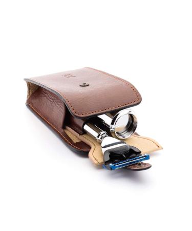 M hle Travel Reiserasierset-Silvertip fibre brush razor compatible with Gillette blades leather case chrome-plated metal brown 3-part set