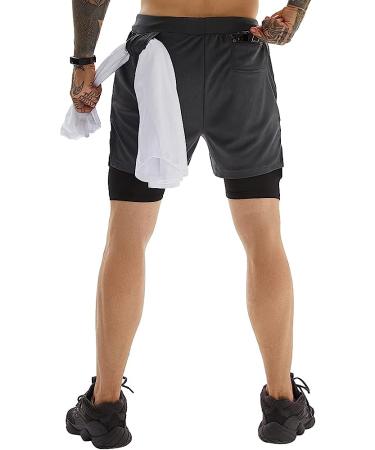 OEBLD Men's 2-in-1 Gym Workout Running Shorts - Grey Large with Towel Loop - 7'' Athletic Shorts - Buy Online on GoSupps.com