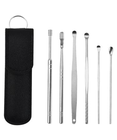 pistro 6Pcs Ear Cleaner Wax Removal Tool Smooth Reusable Stainless Steel Earpick Sticks Earwax Remover for Ear Care with Leather Bag Household - Black
