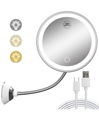 USB 10X Magnifying makeup mirror with Lights LED Lighted Vanity Mirror Flexible Gooseneck with Powerful Suction Cup