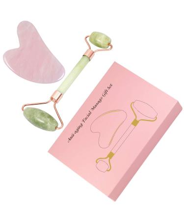 mookaitedecor Xiuyan Jade Roller & Rose Quartz Gua Sha Scraping Massage Tool Set Face Massager for Wrinkles Anti Aging Green/Pink