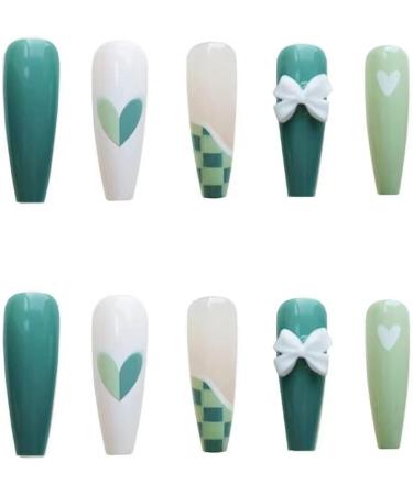 Temperament enhancement manicure long green white checkerboard hand-painted love bow super white pure hand-worn armor.(M) - Buy Online on GoSupps.com