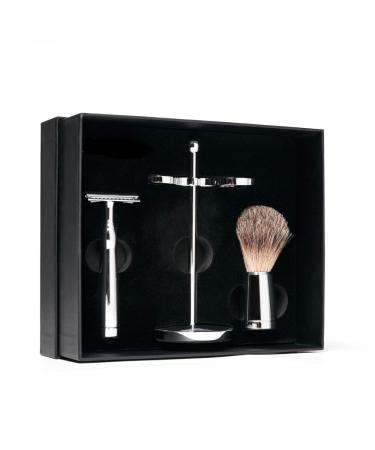 Benjamin Barber Classic 3-Fold Razor Brush Set - Premium Men's Shaving Set in Chrome | Durable Stainless Steel Safety Blade & Brush - Buy Online on GoSupps.com