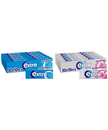 Extra Chewing Gum Sugar Free Peppermint Flavour Chewing Gum Bulk 30 Packs of 10 Pieces & Extra White Chewing Gum Sugar Free Bubblemint Pack of 30
